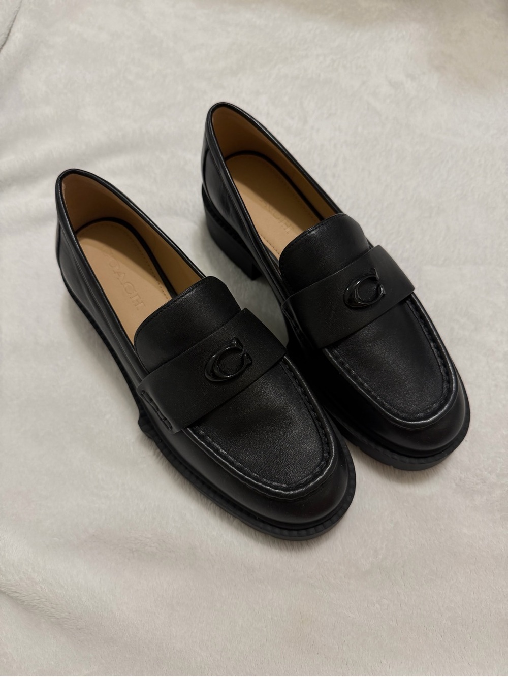 Coach Black Leather Penny Loafers with Signature Logo